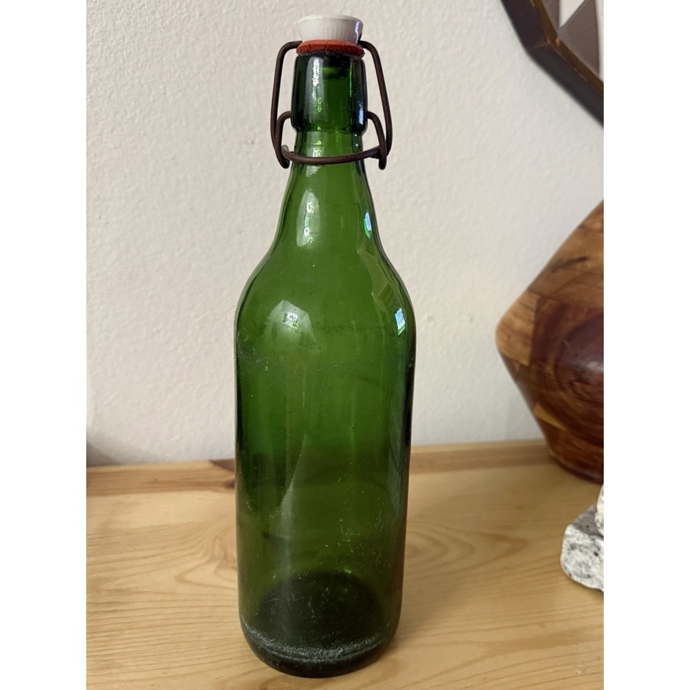 Vintage Deep Green Glass Bottle Wire Plastic Top Marker's Mark On Bottom